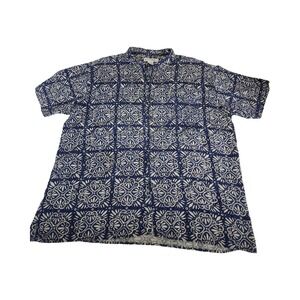 Vintage Feldini Mens 2X Blue White Print Short Sleeve Button Up Shirt Rayon‎